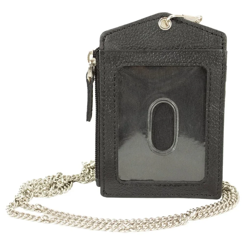 ID lanyard Card Holder in Genuine Leather, Black